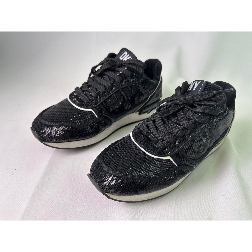 DKNY Women's Size 7.5 M Black Sequin Lace Up Sneakers Fashion Sparkle Athleisure